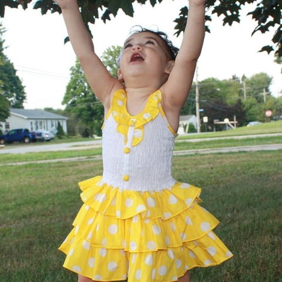 YELLOW 3 Tiers Ruffles Tutu Cotton Dress - Picture 3 of 8